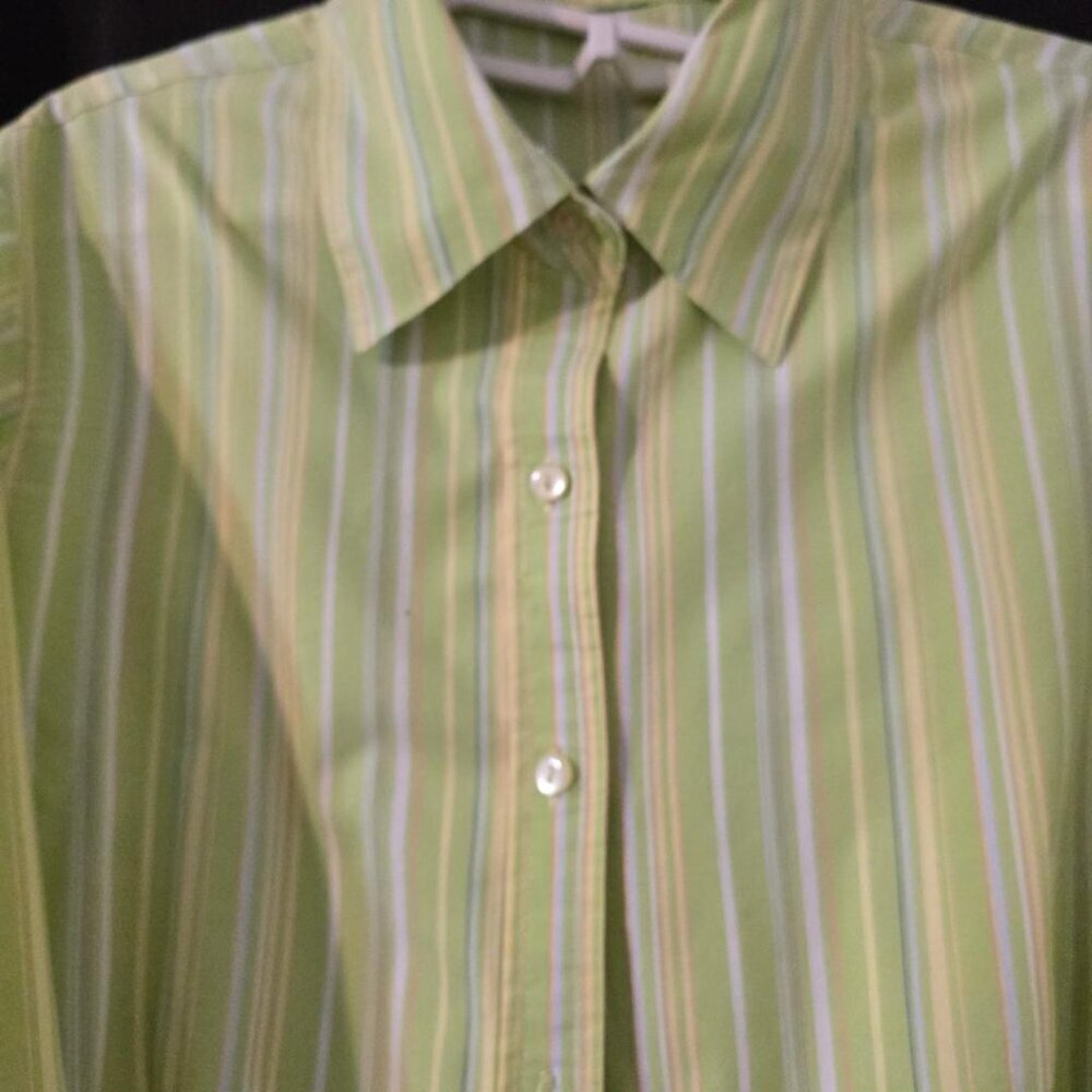 XL Liz Claiborne Button-Up Neon Green White Striped Women's Shirt 3/4 Sleeves